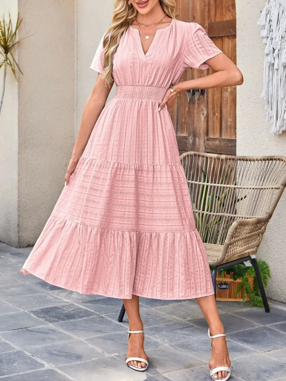 Tiered Notched Short Sleeve Dress - Clothes For Her Online Store