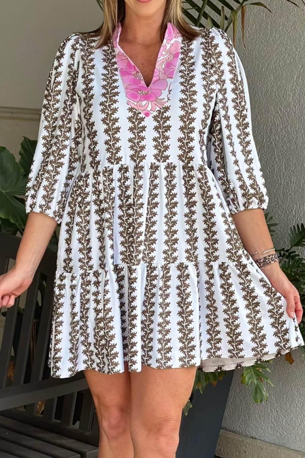 Printed Notched 3/4 Sleeve Mini Dress