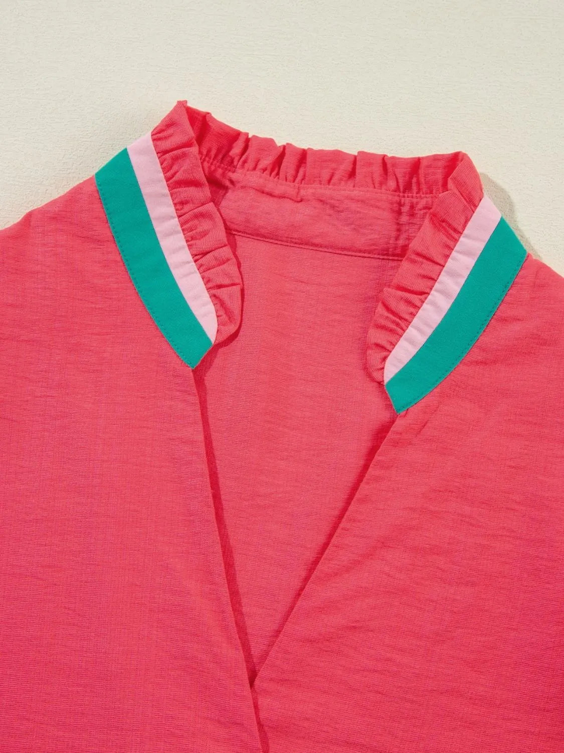 Carrot Colorful Trim V Neck Short Sleeve Blouse