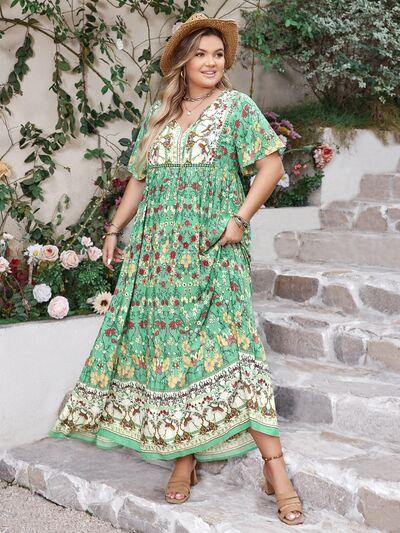 Plus Size Floral Tie Neck Flutter Sleeve Maxi Dress