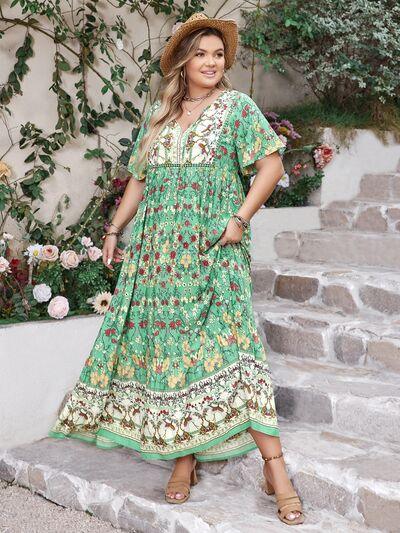 Plus Size Floral Tie Neck Flutter Sleeve Maxi Dress - Clothes For Her Online Store