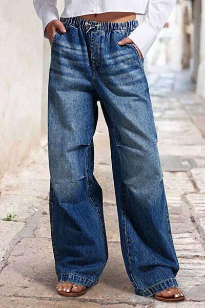 Drawstring Waist Wide Leg Shirred Jeans