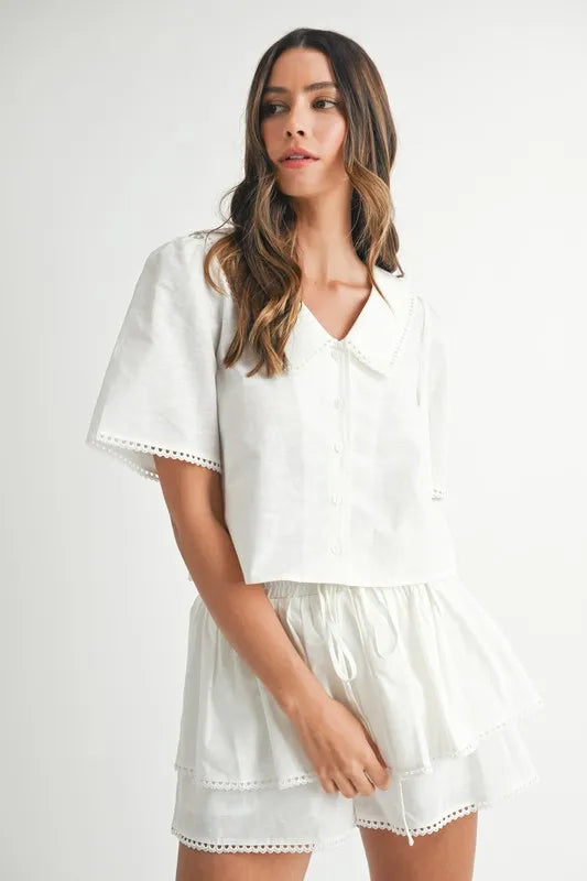 MABLE Collared Button Down Crop Top and Skort Set - Clothes For Her Online Store