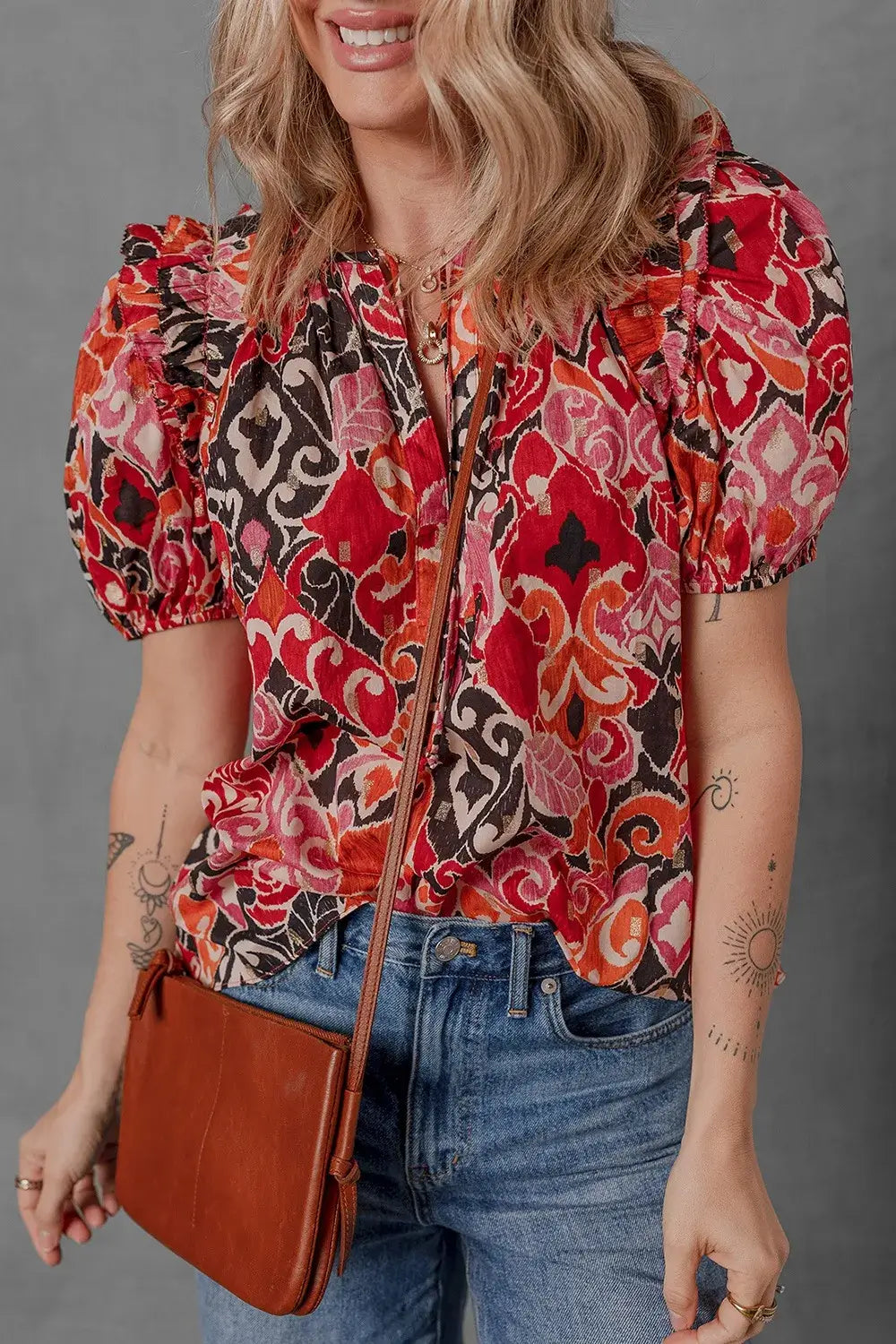 Ethnic Print Split Neck Short Puff Sleeve Blouse