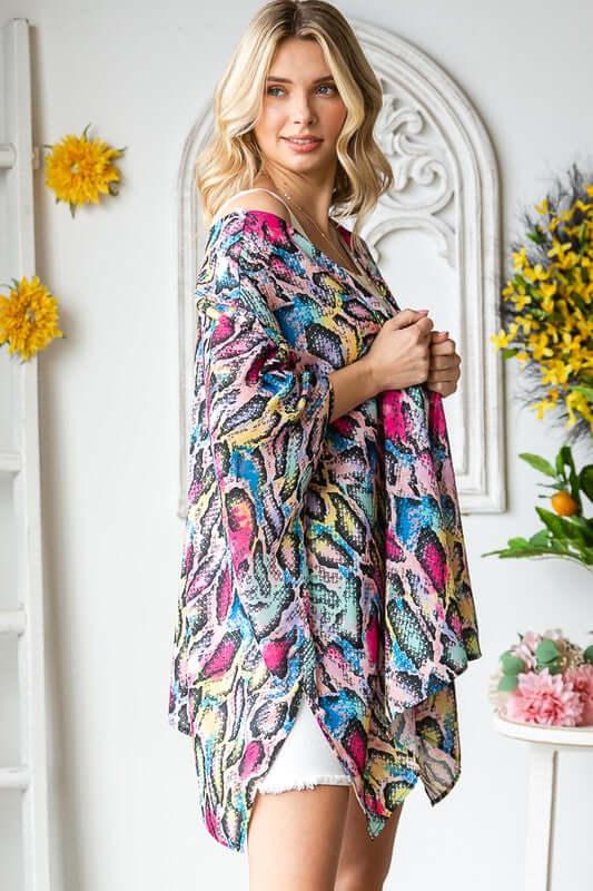 Heimish Full Size Multi Color Snake Open Cardigan Plus Size