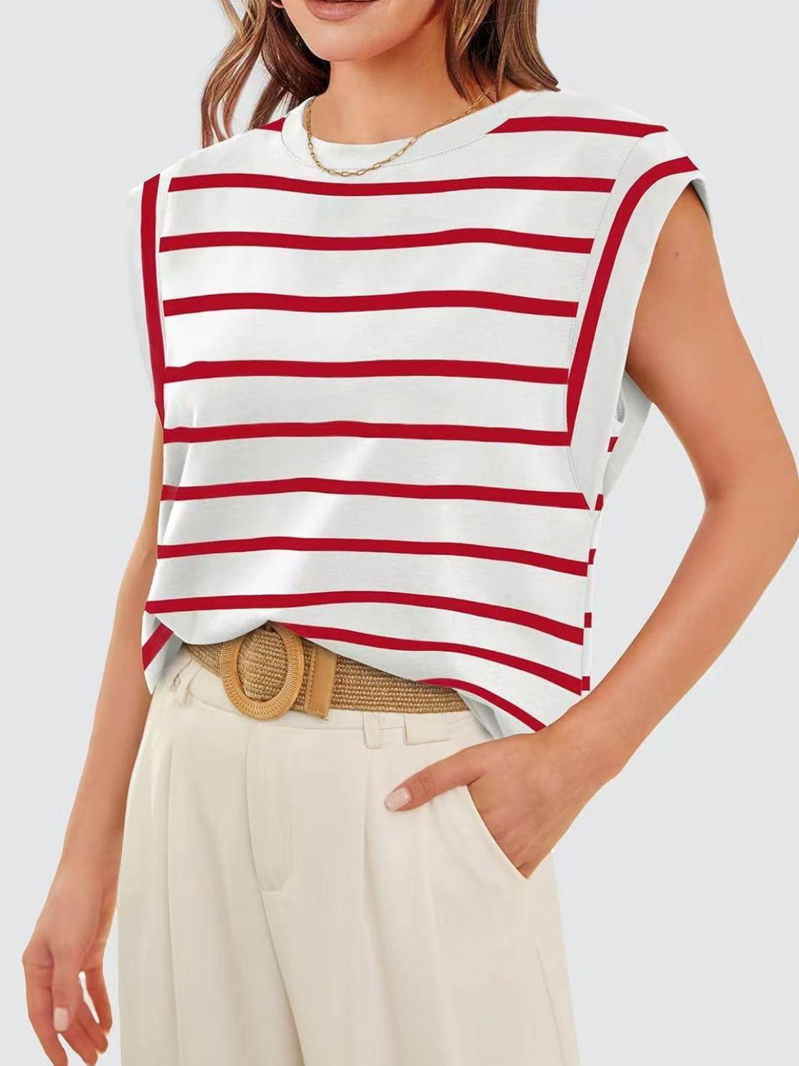 Florira Striped Round Neck Cap Sleeve T-Shirt