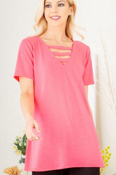 Heimish Full Size V-Neck Short Sleeve T-Shirt with Bar Detail Plus Size - Clothes For Her Online Store