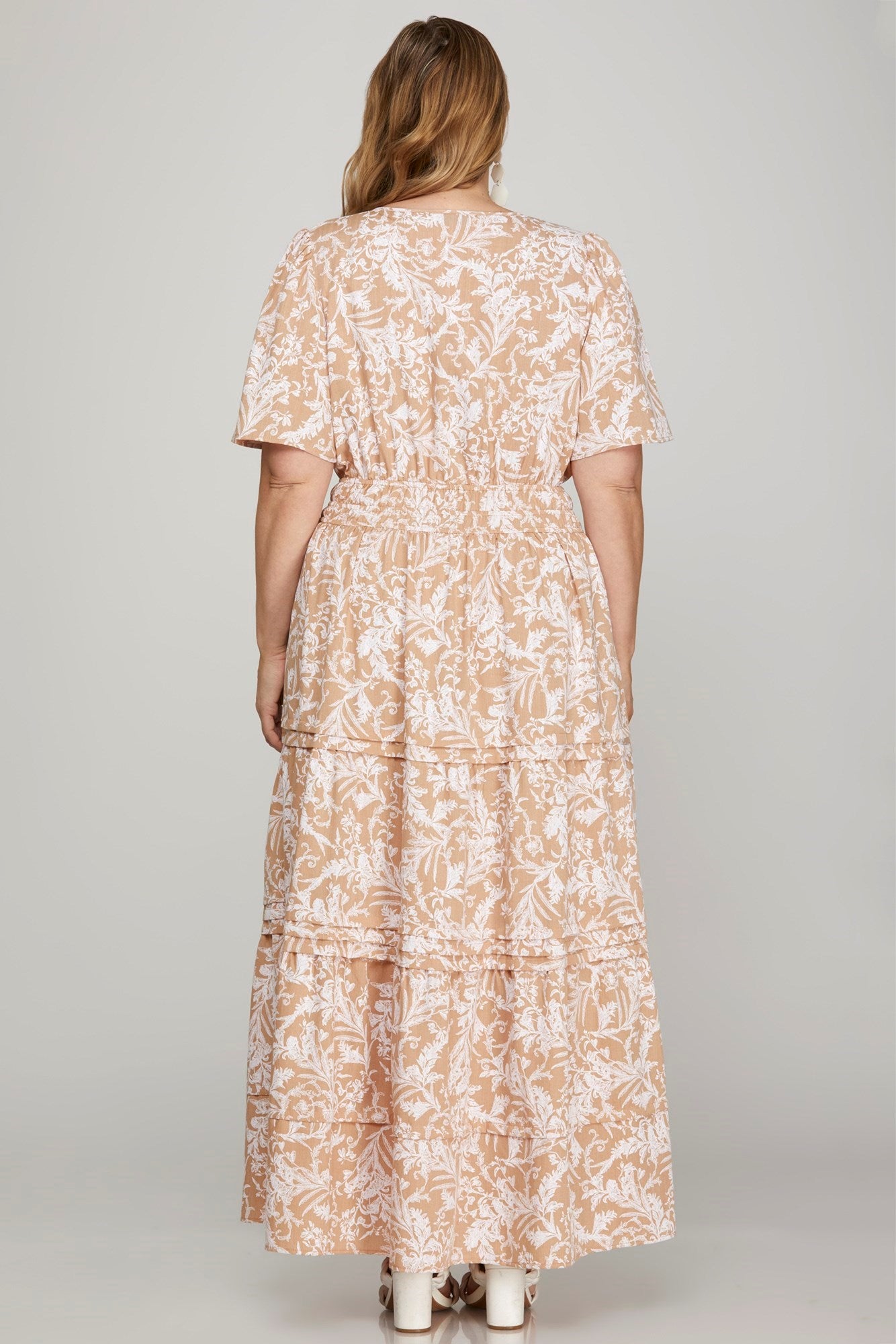 She + Sky Printed Notched Woven Tiered Pintuck Maxi Dress with Side Pockets - Clothes For Her Online Store