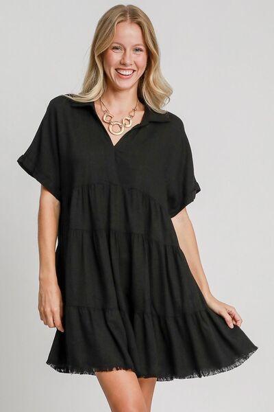 Umgee Full Size Raw Hem Folded Sleeve Tiered Dress Plus Size