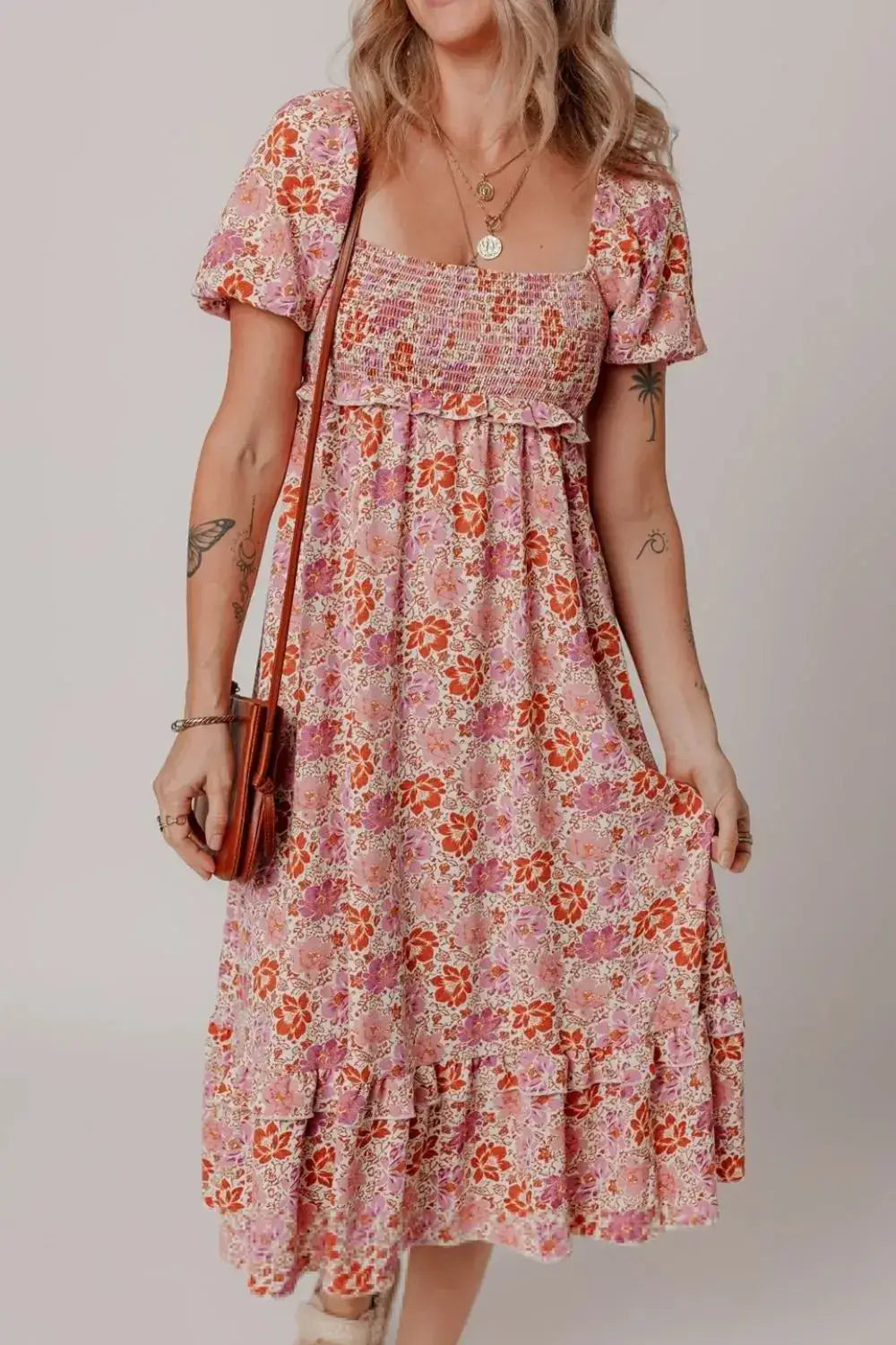 Floral Square Neck Knotted Ruffle Midi Dress - Clothes For Her Online Store