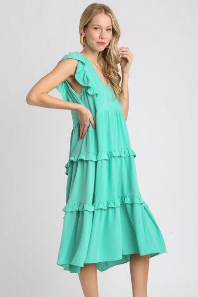 Umgee Full Size Ruffle Tiered Cap Sleeve Midi Dress Plus Size