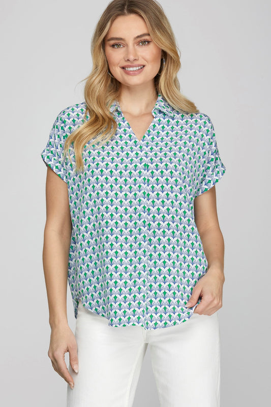 She + Sky Full Size Printed Johnny Collar Short Sleeve Blouse Plus Size - Clothes For Her Online Store