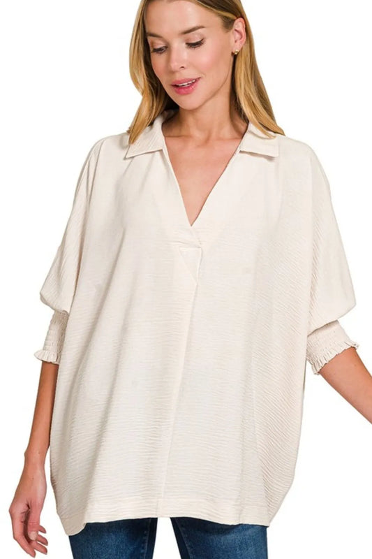 Zenana Airflow Collar Tee with Smocked Sleeve Band Top