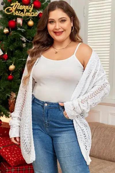 Plus Size Openwork Open Front Long Sleeve Cardigan - Clothes For Her Online Store