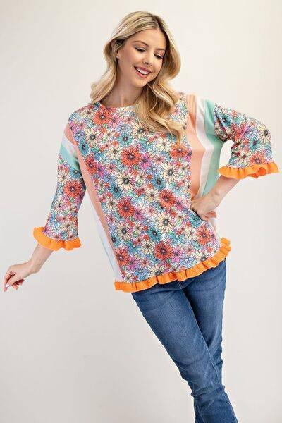 Celeste Full Size Ruffle Sleeve Floral Color Block Top Plus Size