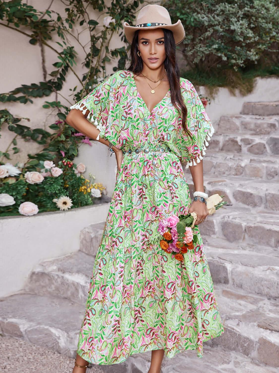 Smocked Floral V-Neck Short Sleeve Dress - Clothes For Her Online Store