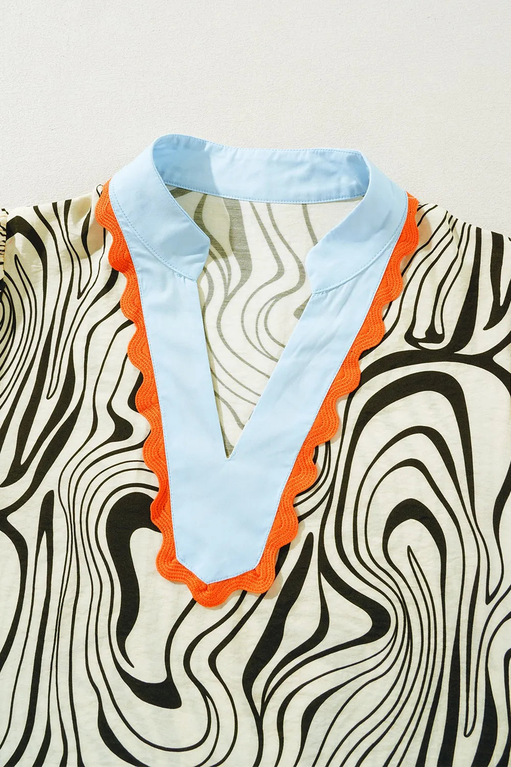 Zebra Stripe Print Contrast V-Neck Ricrac Detail Short Sleeve Blouse Top