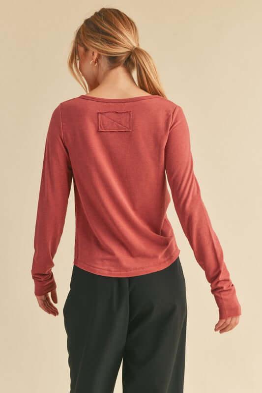 Aemi+Co Ruched Front Round Neck Long Sleeve T-Shirt