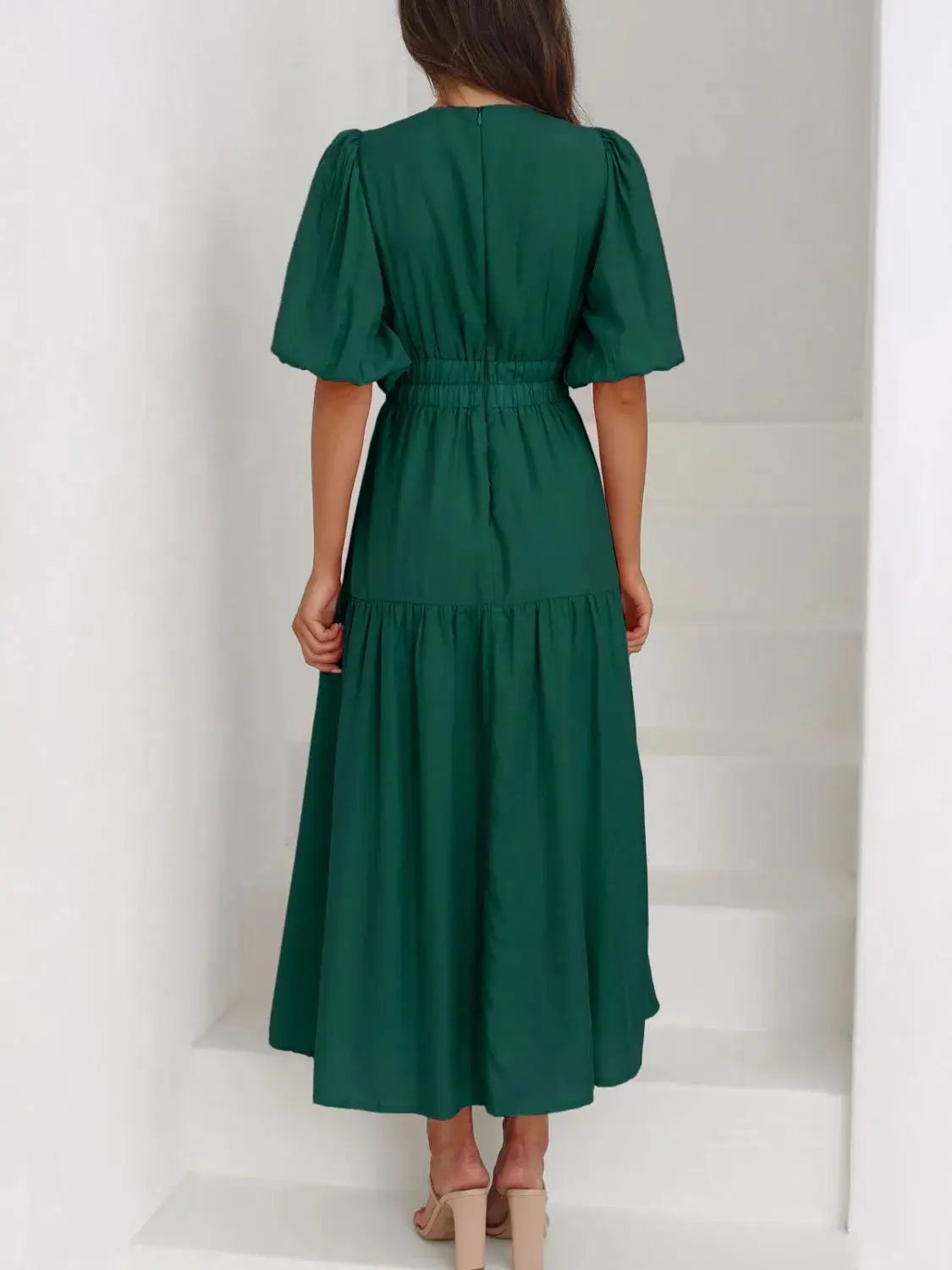 V-Neck Puff Sleeve Midi Dress - Clothes For Her Online Store