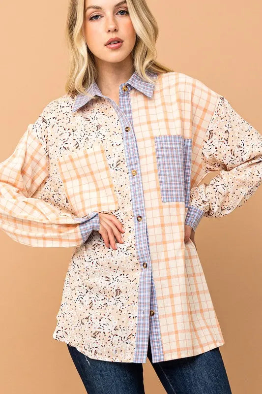 And The Why Floral and Plaid Color Block Shirts with Pocket