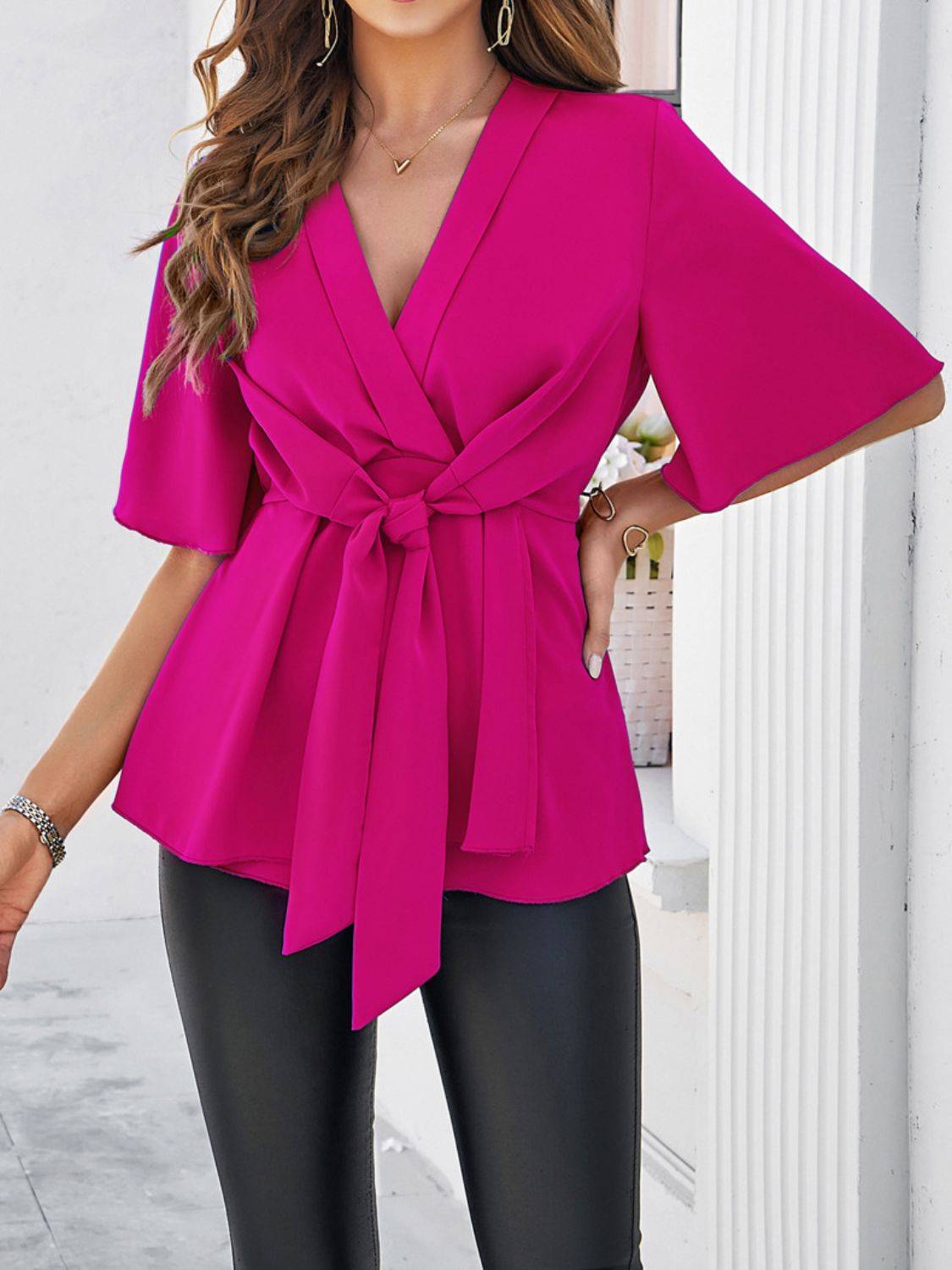 Devine Tied Front Peplum Blouse