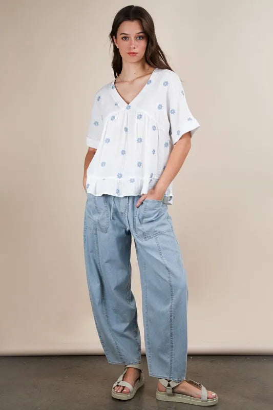 VERY J Flower Embroidered Woven Blouse