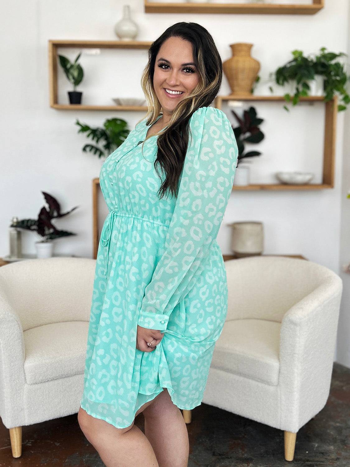 Double Take Full Size Printed Ruched V-Neck Long Sleeve Dress - Clothes For Her Online Store