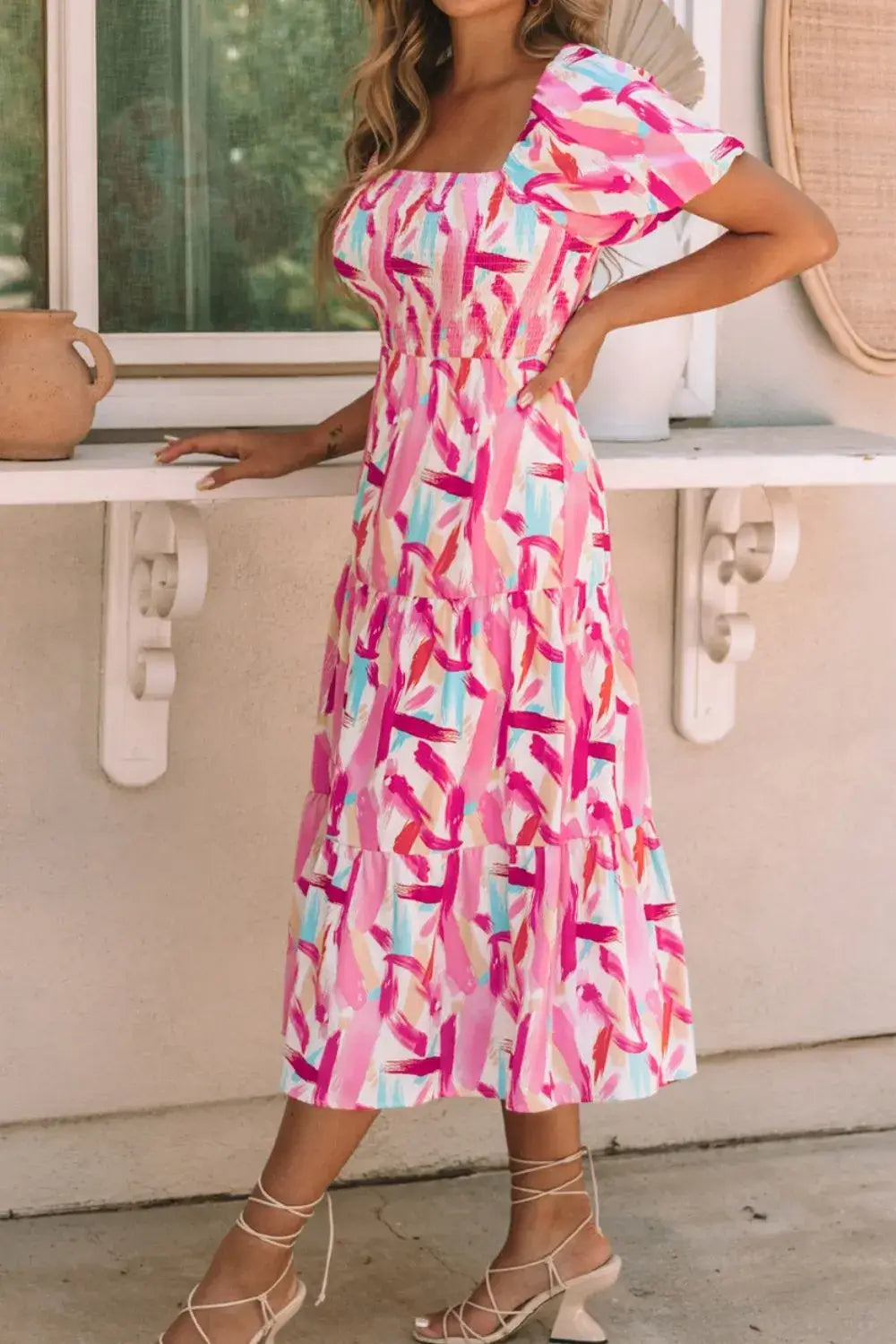 Geometric Print Puff Sleeve Square Neck Midi Dress