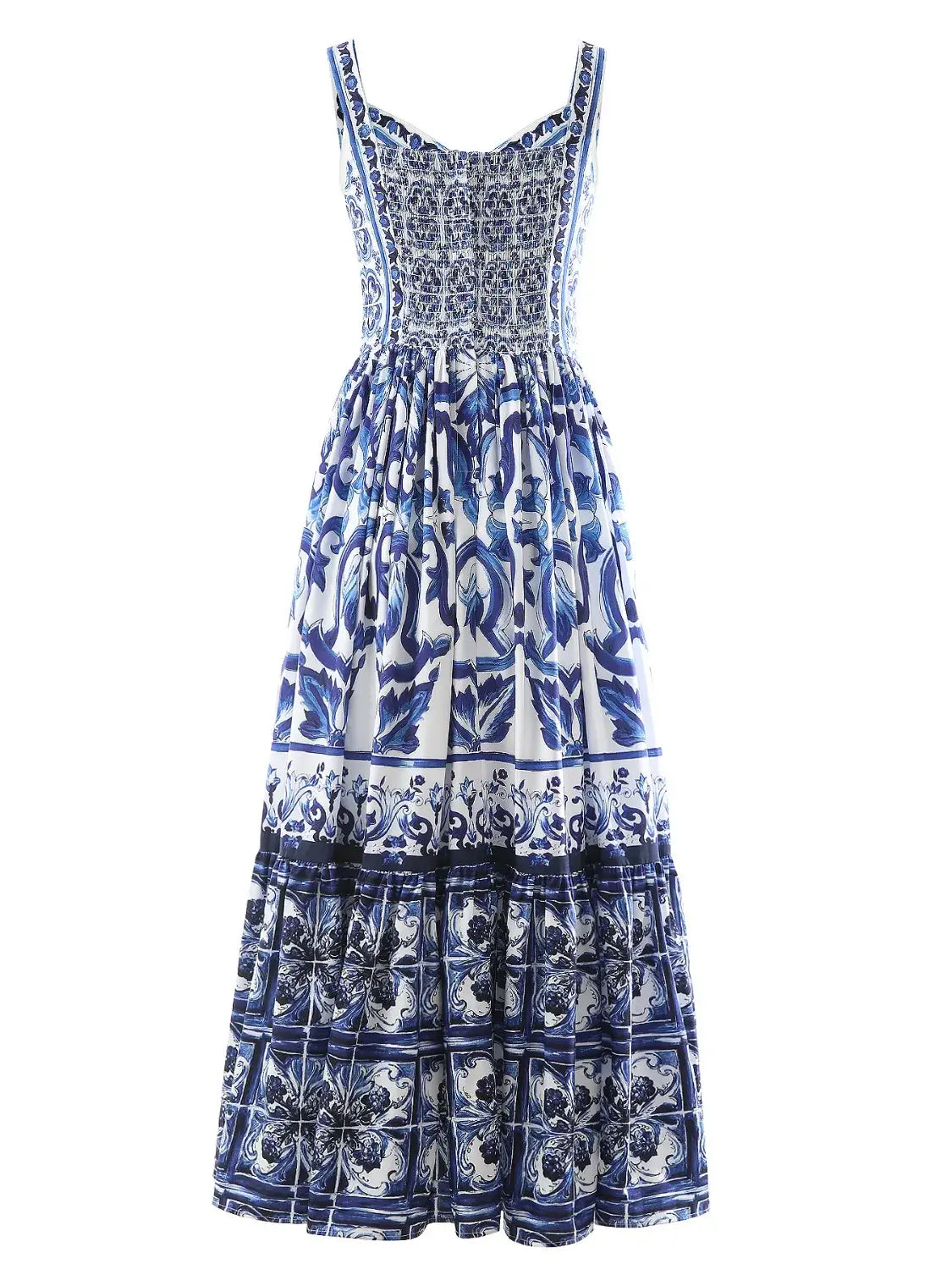 Smocked Printed Wide Strap Dress
