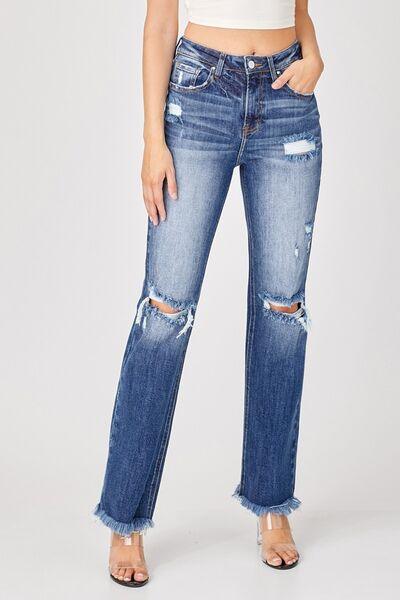 Risen Full Size Raw Hem Distressed Straight Jeans - Clothes For Her Online Store