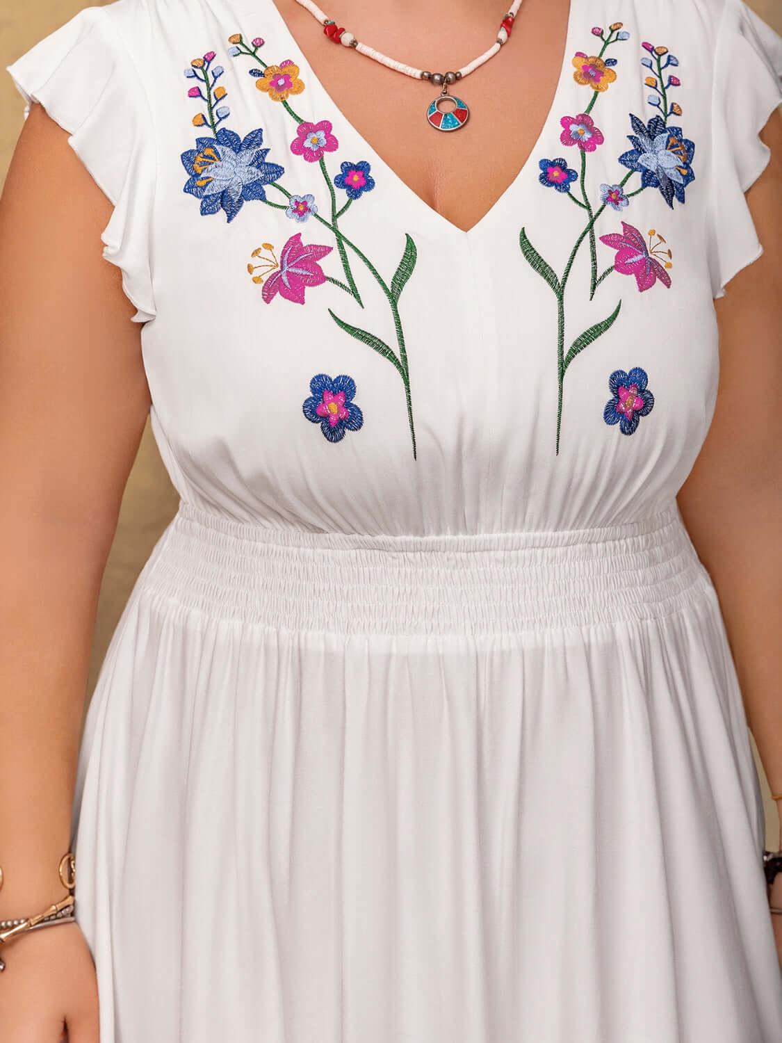 Plus Size Embroidered Floral V-Neck Cap Sleeve Maxi Dress