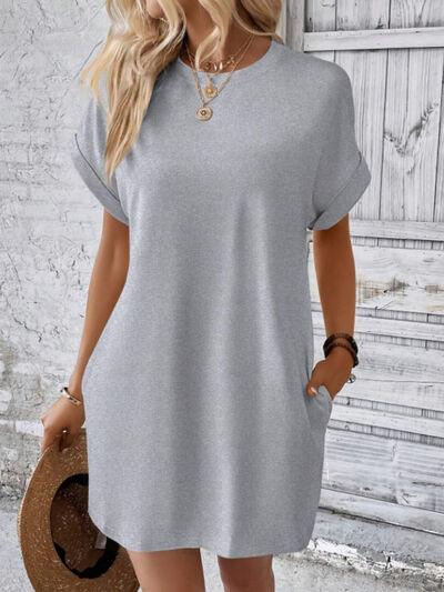 Round Neck Short Sleeve Mini Tee Dress with Pockets - Clothes For Her Online Store