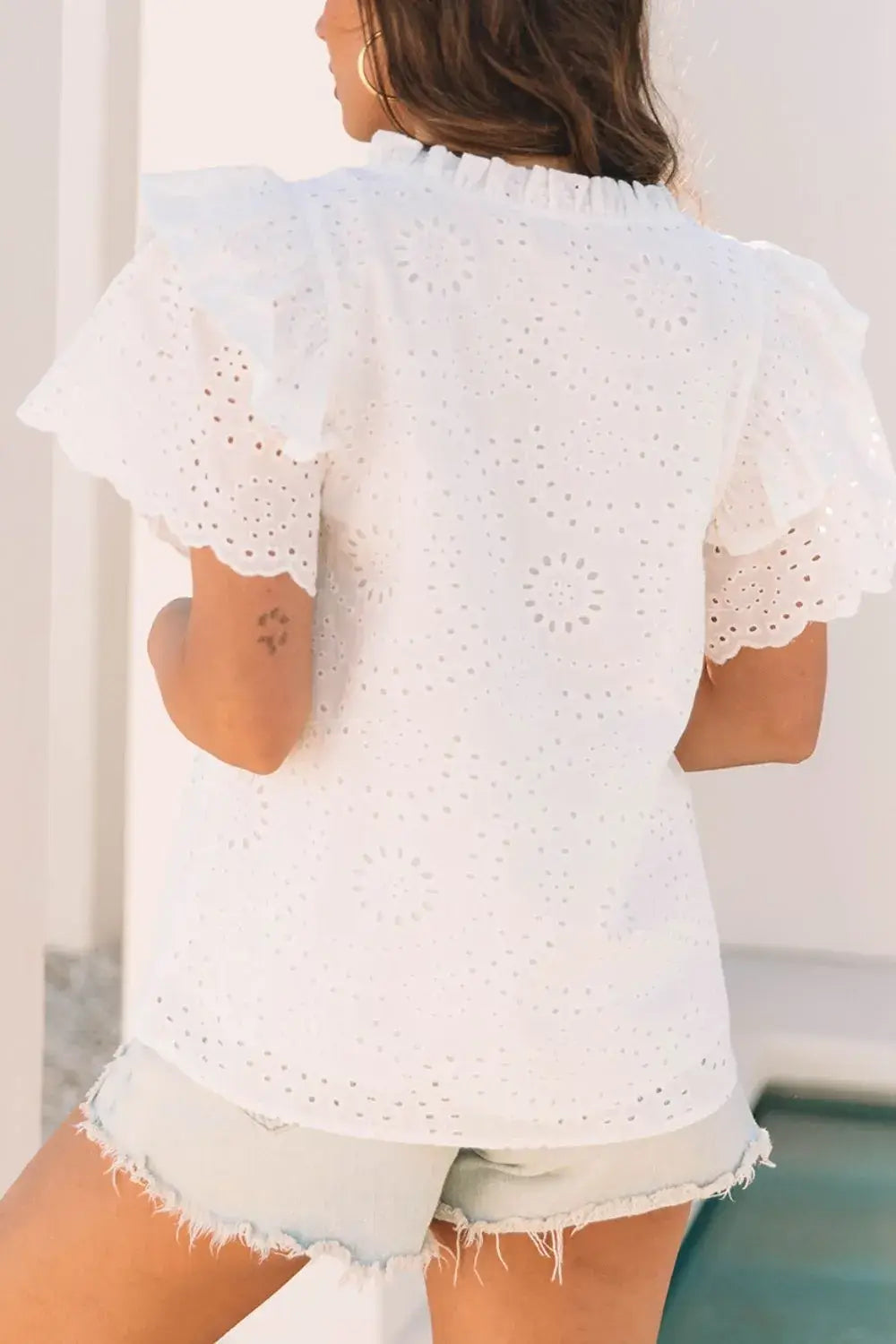 Eyelet Notched Short Sleeve Blouse