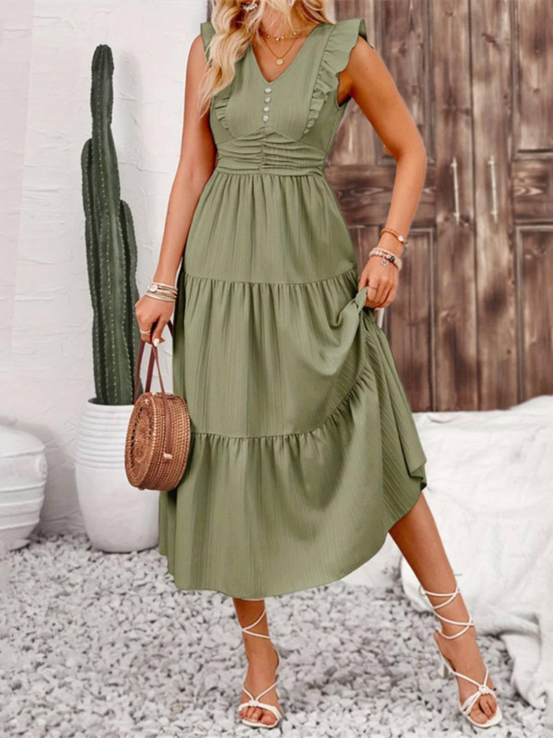 Decor Button Ruffled Tiered Midi Dress - Clothes For Her Online Store