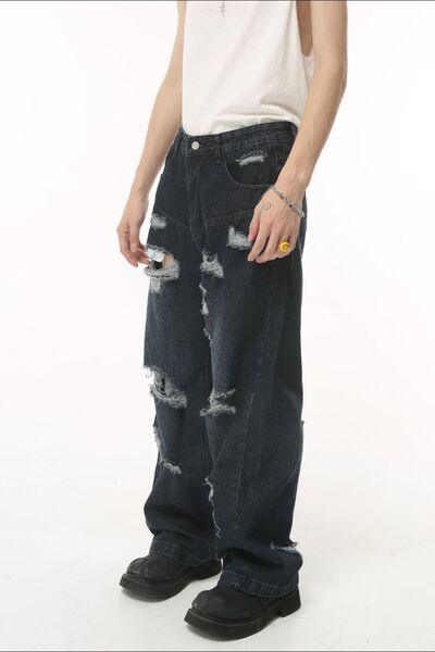 Distressed Wide Leg Pocketed Men's Jeans