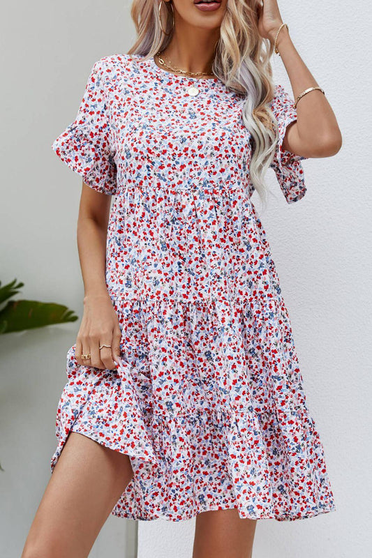 Ditsy Floral Flounce Sleeve Tiered Dress - Clothes For Her Online Store