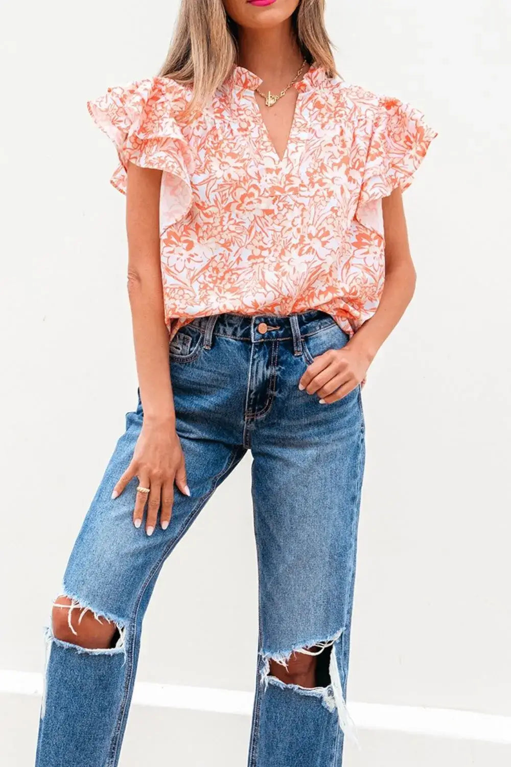 Floral Ruffle Sleeve Split Neck Blouse