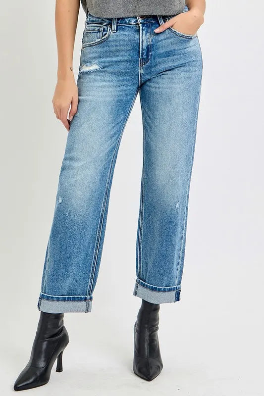 RISEN High Rise Ankle Boyfriend Distressed Jeans