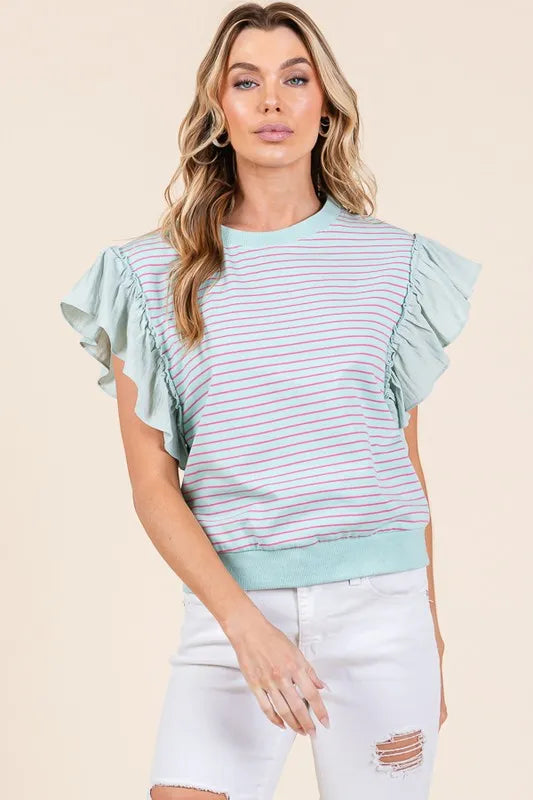 Lime 'N' Chili Striped Contrast Ruffle Detail Sleeveless Top