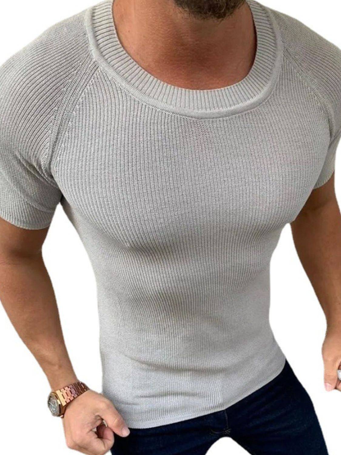 Men's Round Neck Short Sleeve Ribbed Knit T-Shirt