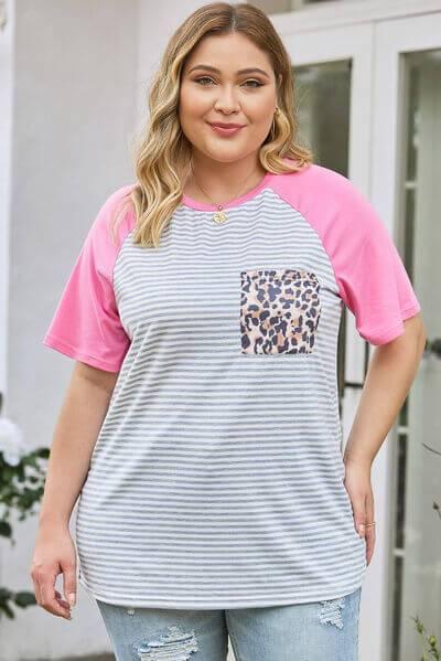 Plus Size Striped Leopard Round Neck T-Shirt - Clothes For Her Online Store