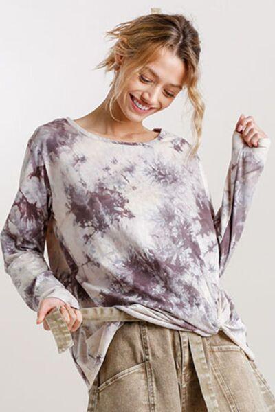 Umgee Full Size Tie Dye Front Gathered Detail Round Neck Long Sleeve T-Shirt Plus Size