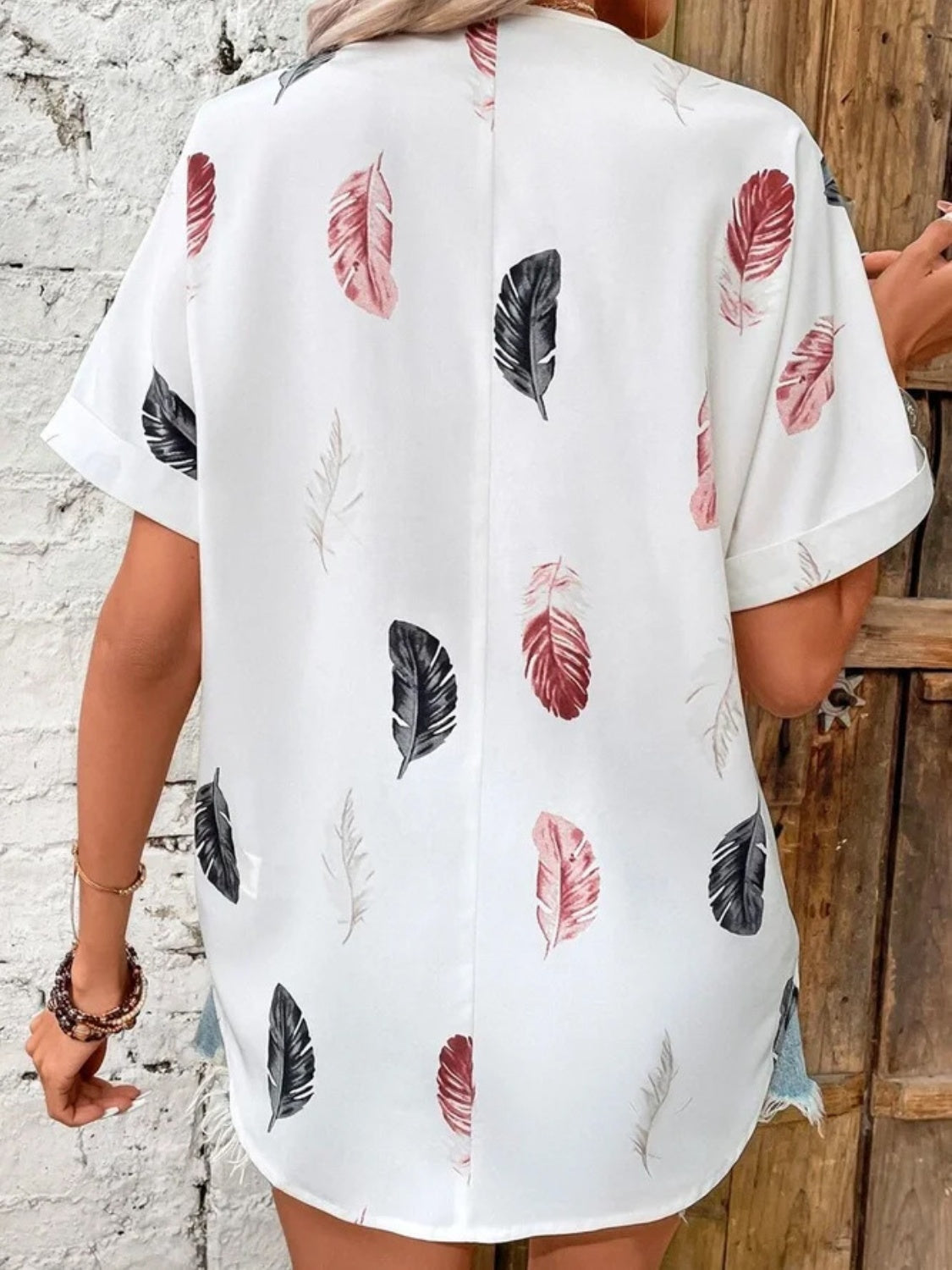 Full Size Printed Collared Neck Short Sleeve Blouse - Clothes For Her Online Store