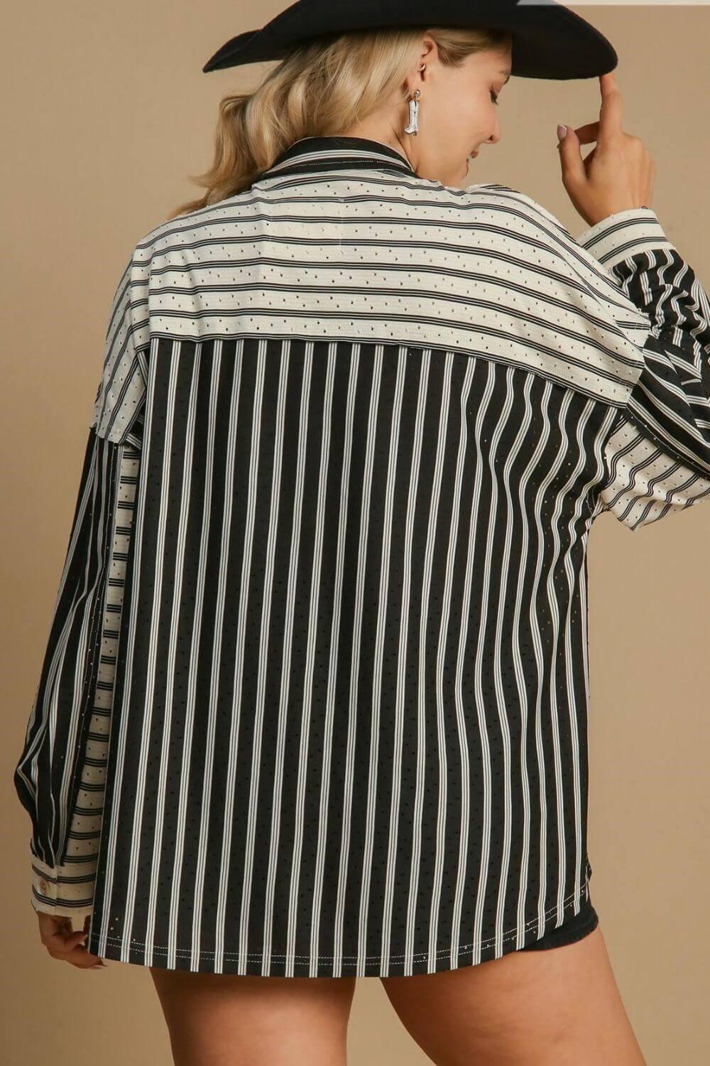 Umgee Full Size Pointelle Stripped Half Button Collared Neck Top Plus Size