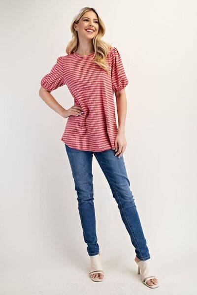 Celeste Full Size Gingham Print Top With Puff Sleeves Plus Size