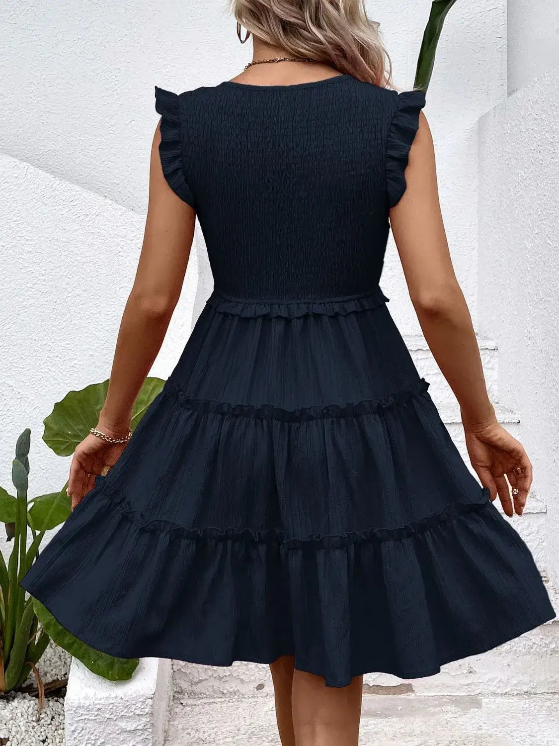 Ruffled V-Neck Cap Sleeve Dress