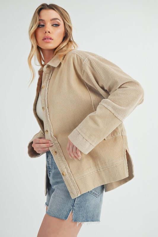 Aemi + Co Side Slit Exposed Seam Button Up Corduroy Jacket