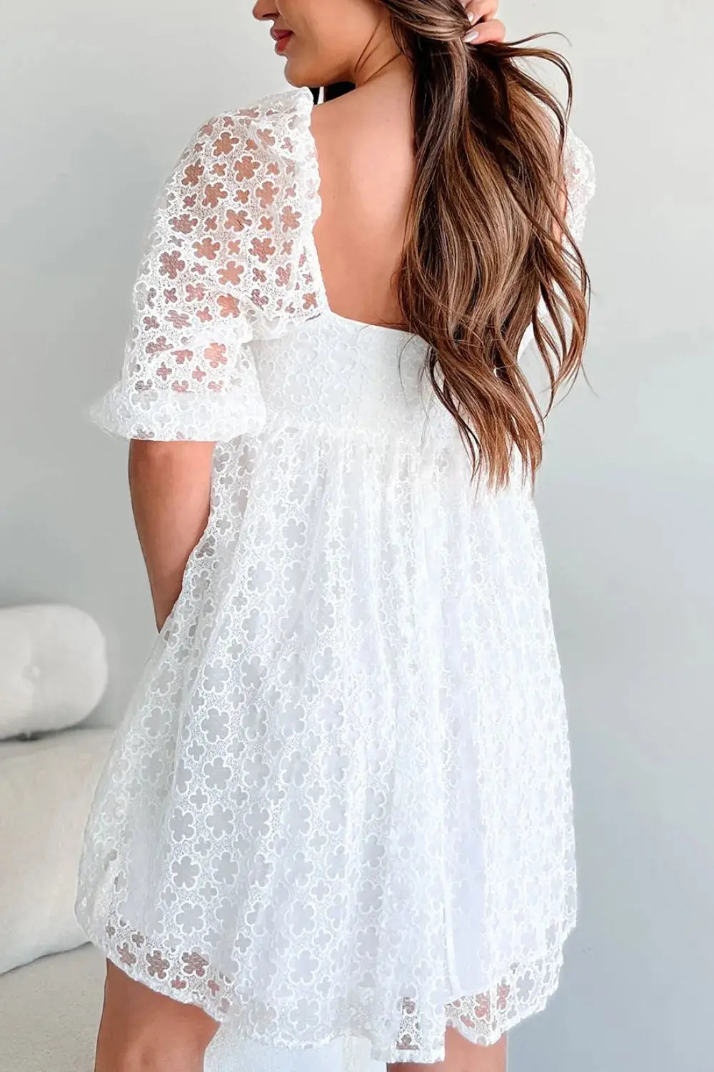 Lace Puff Sleeve Empire Waist Mini Dress - Clothes For Her Online Store