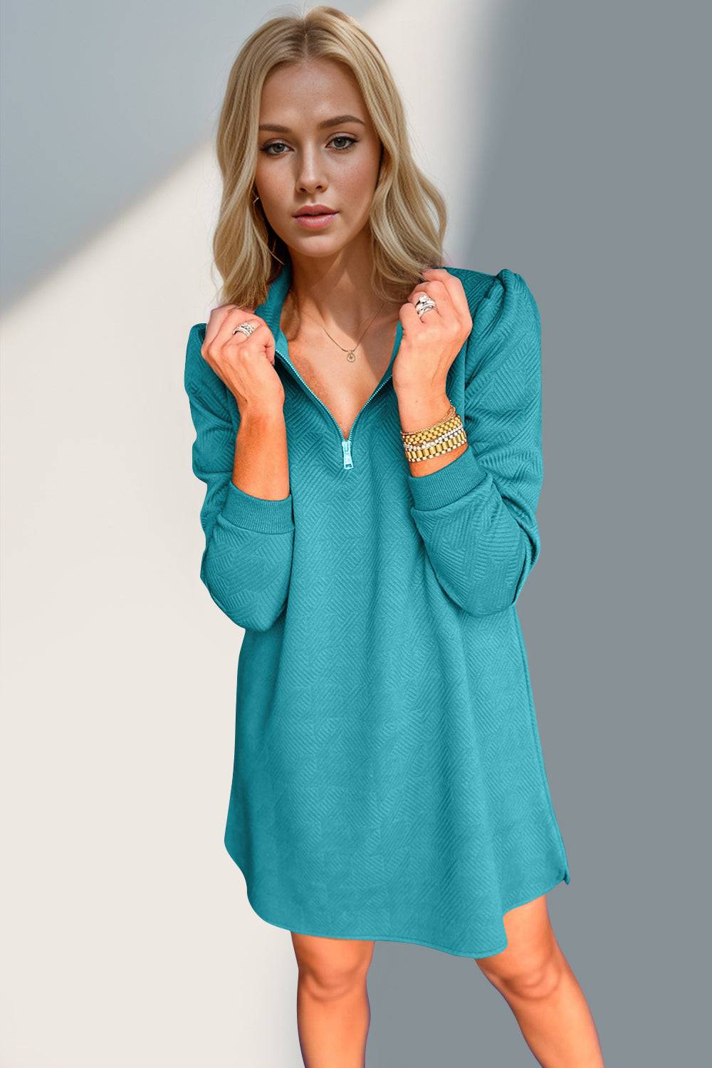 Double Take Textured Quarter Zip Long Sleeve Dress - Clothes For Her Online Store