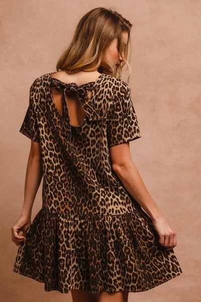 BiBi Tie Back Leopard Round Neck Short Sleeve Dress - Clothes For Her Online Store